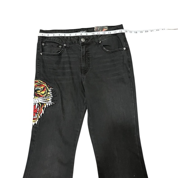Y2K Ed Hardy Women's Biker Chic Black Denim Tiger head Slim Flare Jean Size: 30 - Picture 7 of 12